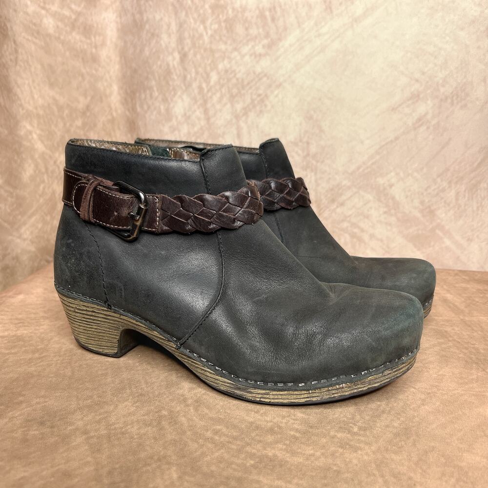 Dansko Leather Heeled Ankle Boots Booties Braided Buckle Strap Grunge Indie Y2K